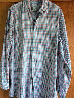 L.L. Bean Men's Coral and Teal Plaid Cotton Button-Down Shirt